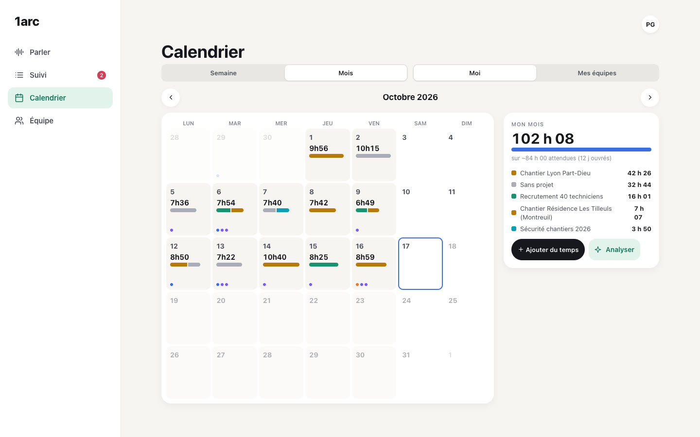 Calendrier mensuel du temps déclaré