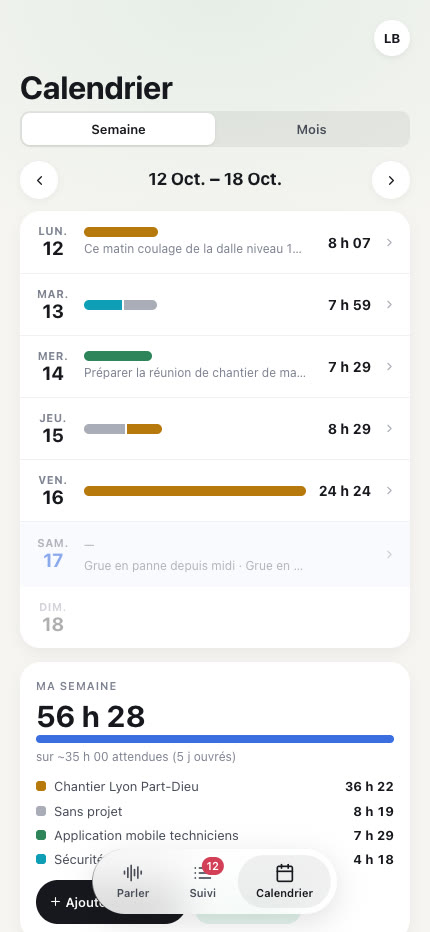 Calendrier de la semaine dans l’app 1arc