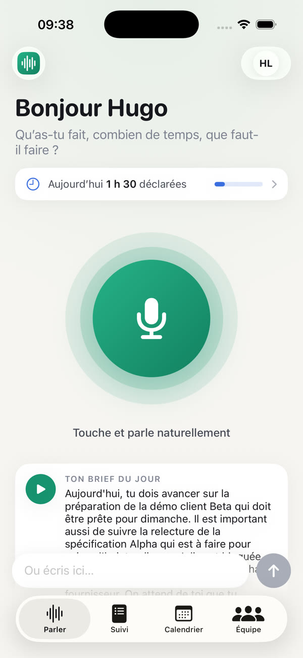 Écran « Parler » de l’app 1arc : temps déclaré du jour, micro et brief du jour